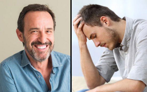 Два фото мужчин. На первом мужчина в хорошем настроении, он улыбается. на втором - грустным, в состоянии стресса